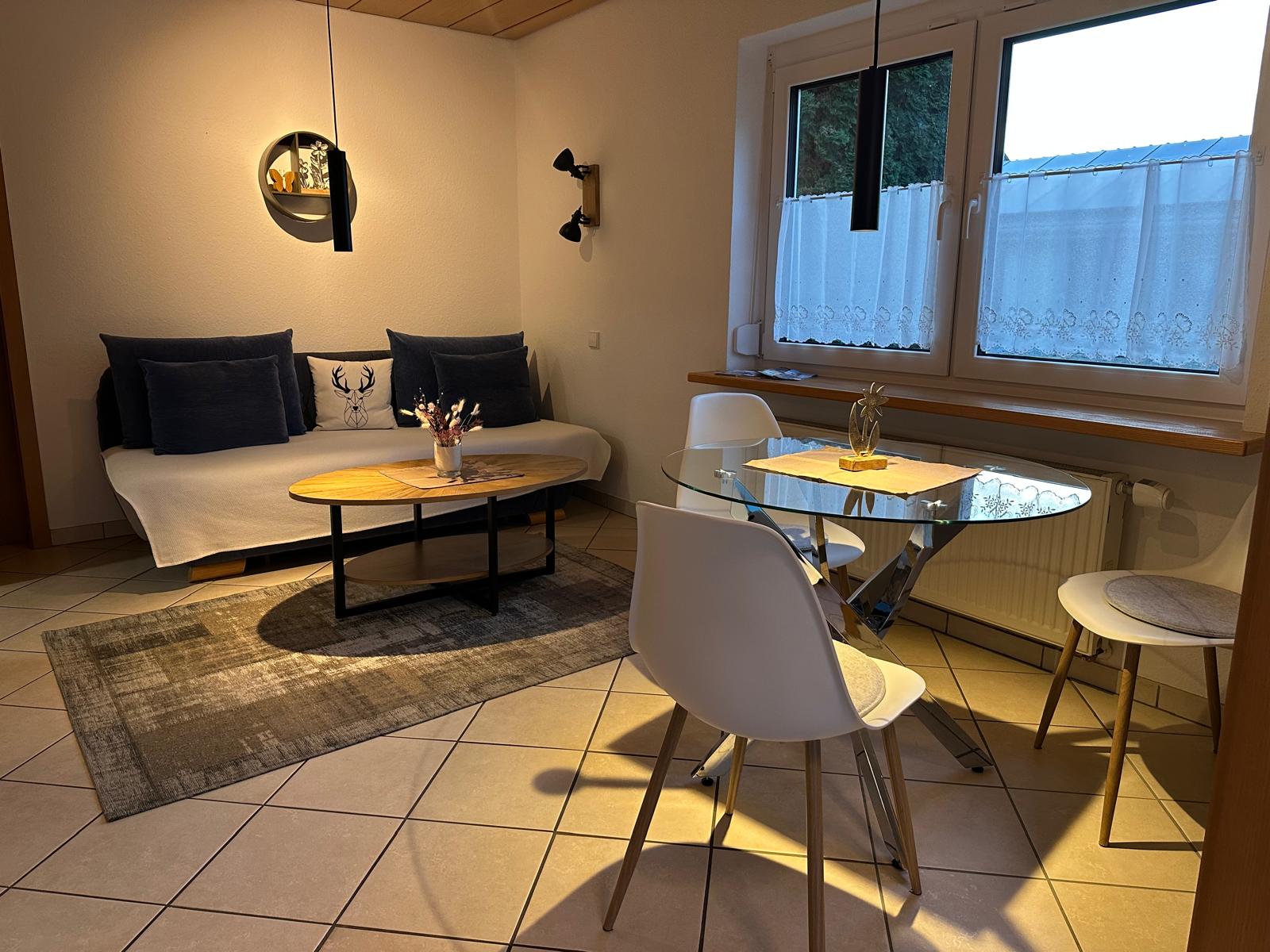 Vorher: Wohn-/Essbereich der Ferienwohnung, unbearbeitetes Handyfoto